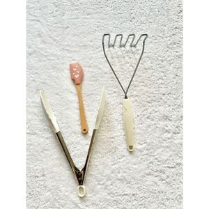 Random kitchen utensils - vintage, retro, potato, masher, William Sonoma, tongs,
